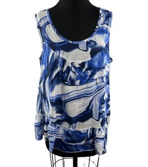 Piazza Del Tempio White Blue Tiered Top Linen Abstract Print Scoop Neck Size XL